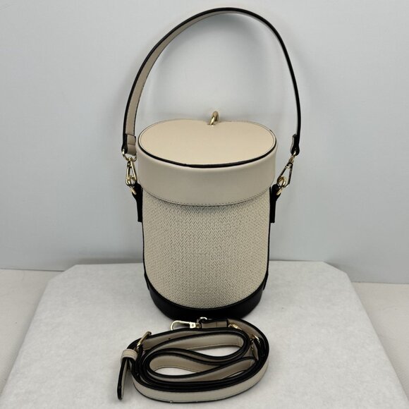 Beige Capsule Bag Long And Short Detachable Straps Black Trim Lined Bucket Purse - Picture 1 of 14